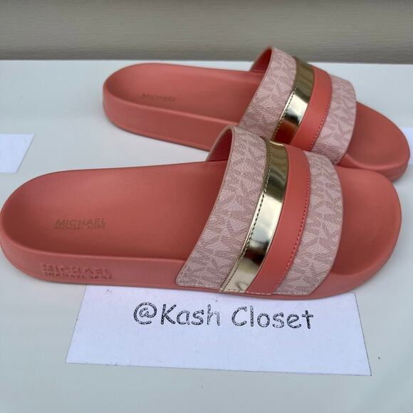 Michael Kors Brandy Metallic Striped Logo Slide Sandal Sherbert - Picture 2 of 6